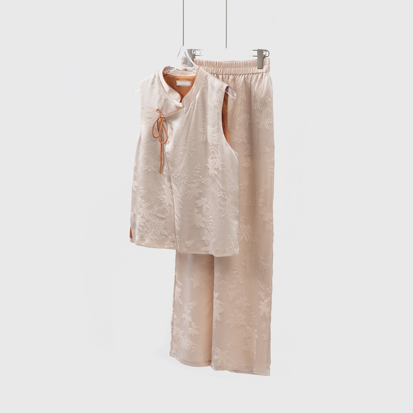 Silk Flower Crown Satin Stand Collar Suit Women 100% Silk Jacquard Vest Wide Leg Pants Two-piece Suit