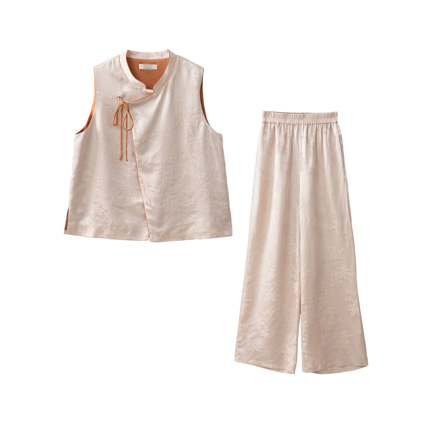 Silk Flower Crown Satin Stand Collar Suit Women 100% Silk Jacquard Vest Wide Leg Pants Two-piece Suit