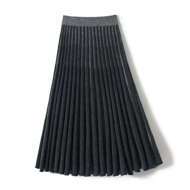 A-version pleated heavyweight thickened two-tone cashmere knitted skirt
