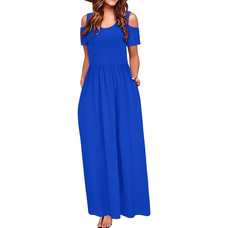 Women’s Summer Cold Shoulder Long/Short Sleeve Maxi Dress Floral Print Elegant Long Dress with Pockets