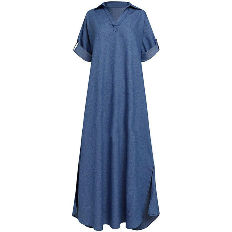 Maxi Dresses for Women UK Summer Casual Loose Long Dress Sale Clearance Women Solid Denim Dress V-Neck Roll Sleeve Button Loose Long Dress