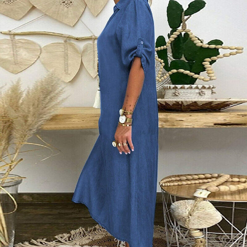 Maxi Dresses for Women UK Summer Casual Loose Long Dress Sale Clearance Women Solid Denim Dress V-Neck Roll Sleeve Button Loose Long Dress