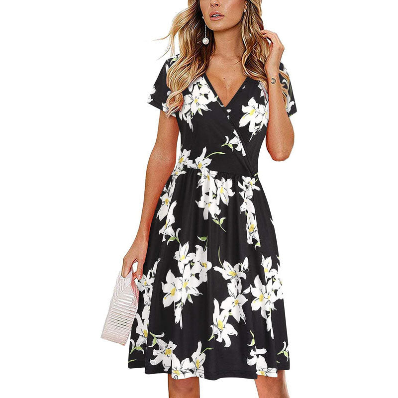 Women’s Summer Dress Short Sleeve Floral V Neck Sundress Ladies Casual Knee Length Dresses with Pockets