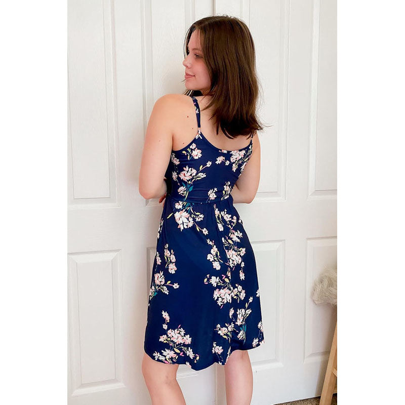 Women’s V Neck Floral Spaghetti Strap Summer Dress Casual Swing Midi Sundress with Pockets