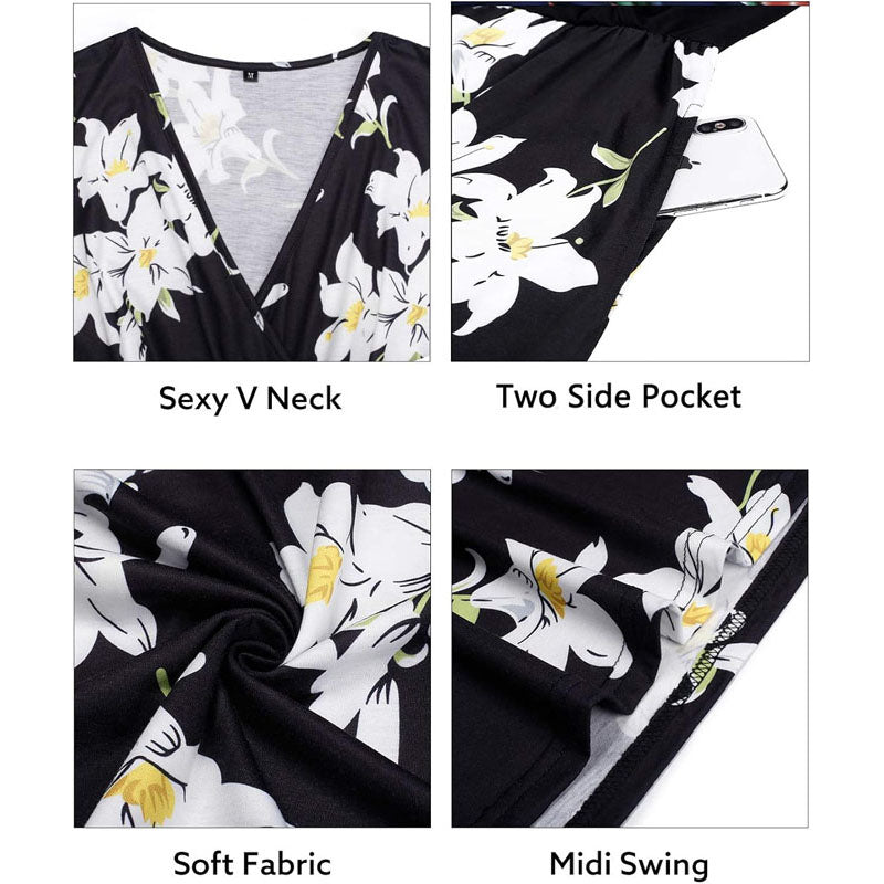 Women’s Summer Dress Short Sleeve Floral V Neck Sundress Ladies Casual Knee Length Dresses with Pockets