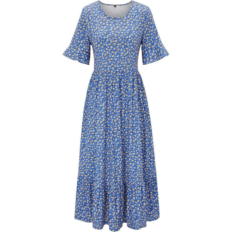 Women 2024 Summer Dress Floral Short Sleeve Ladies Casual Swing Midi Dress with Pockets