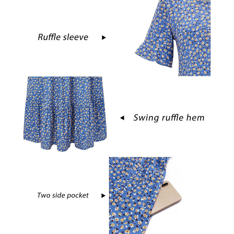 Women 2024 Summer Dress Floral Short Sleeve Ladies Casual Swing Midi Dress with Pockets