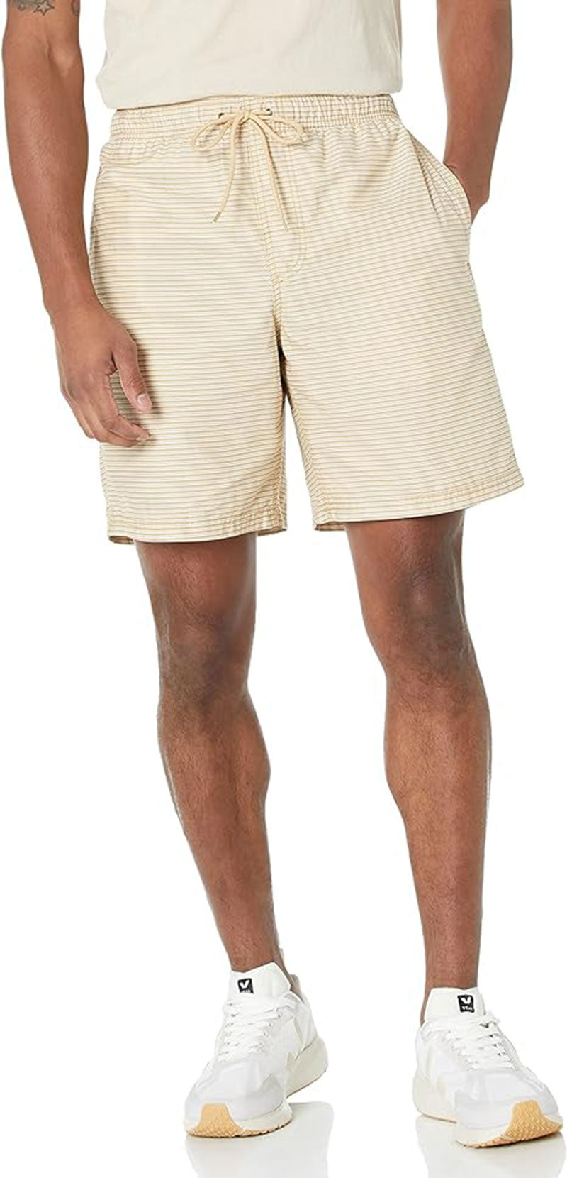 Khaki Brown Stripes Men’s Drawstring Walk Shorts