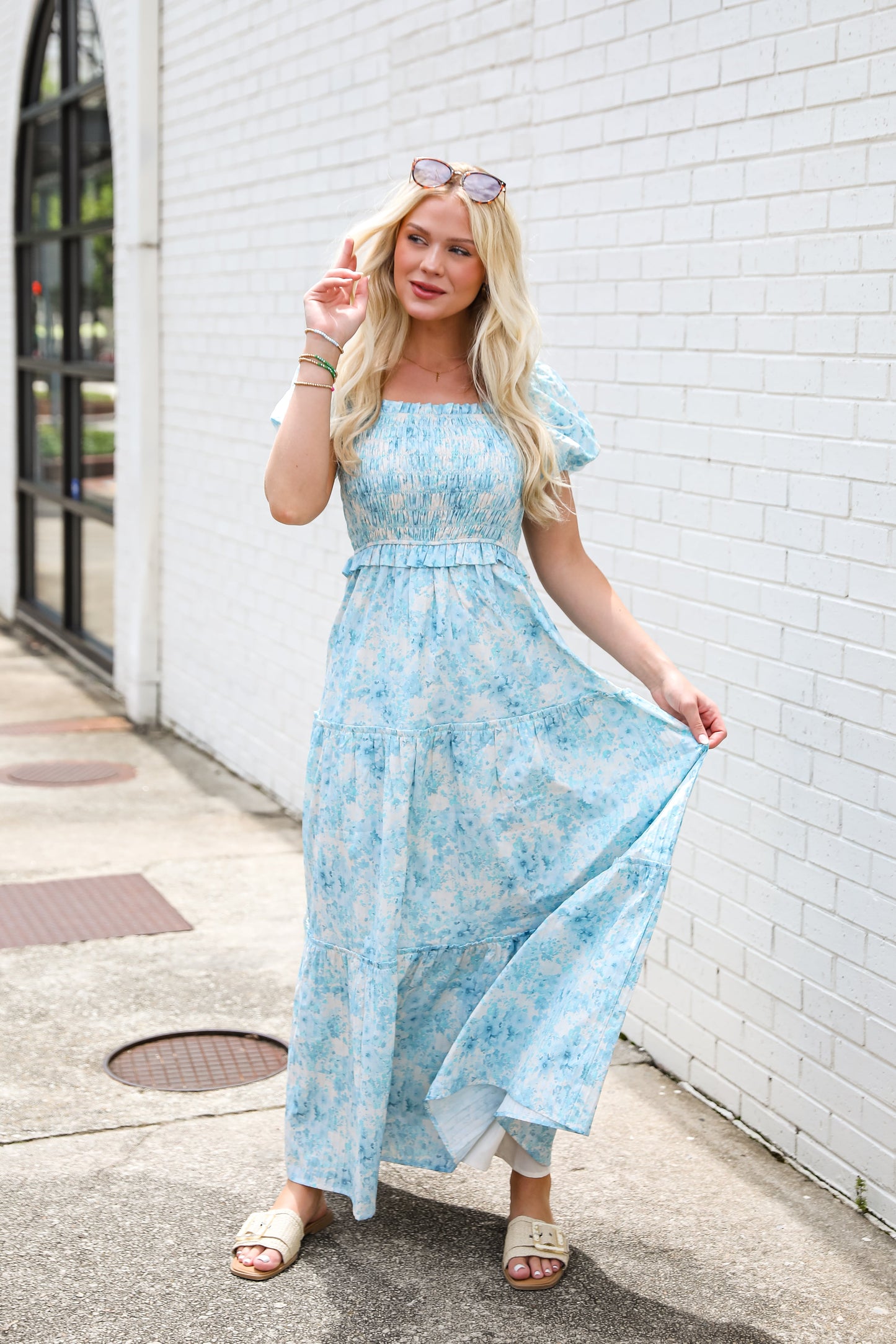 Willing To Help Blue Floral Smocked Maxi Dress