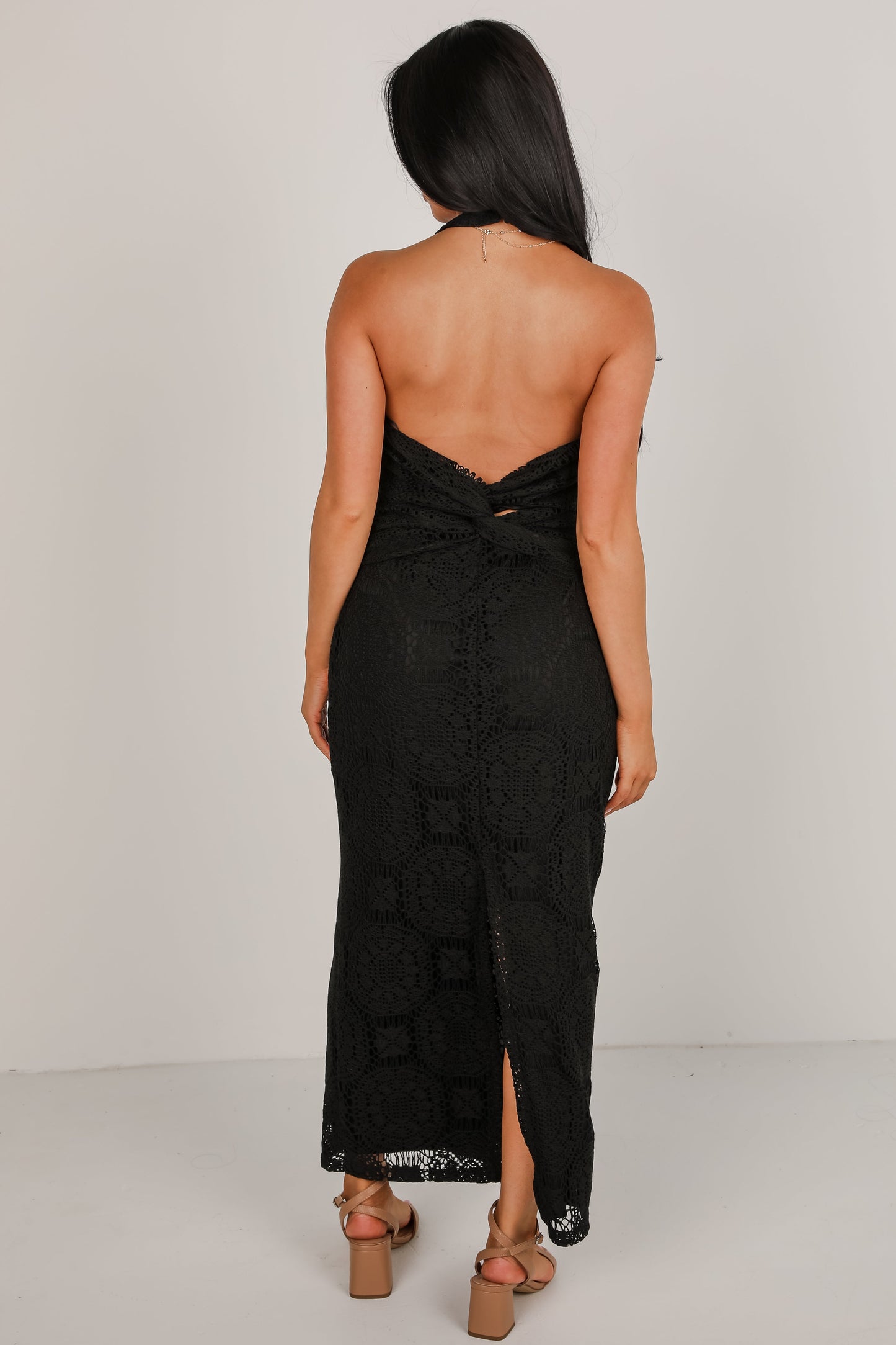 FINAL SALE - Off To The Coast Black Crochet Halter Maxi Dress