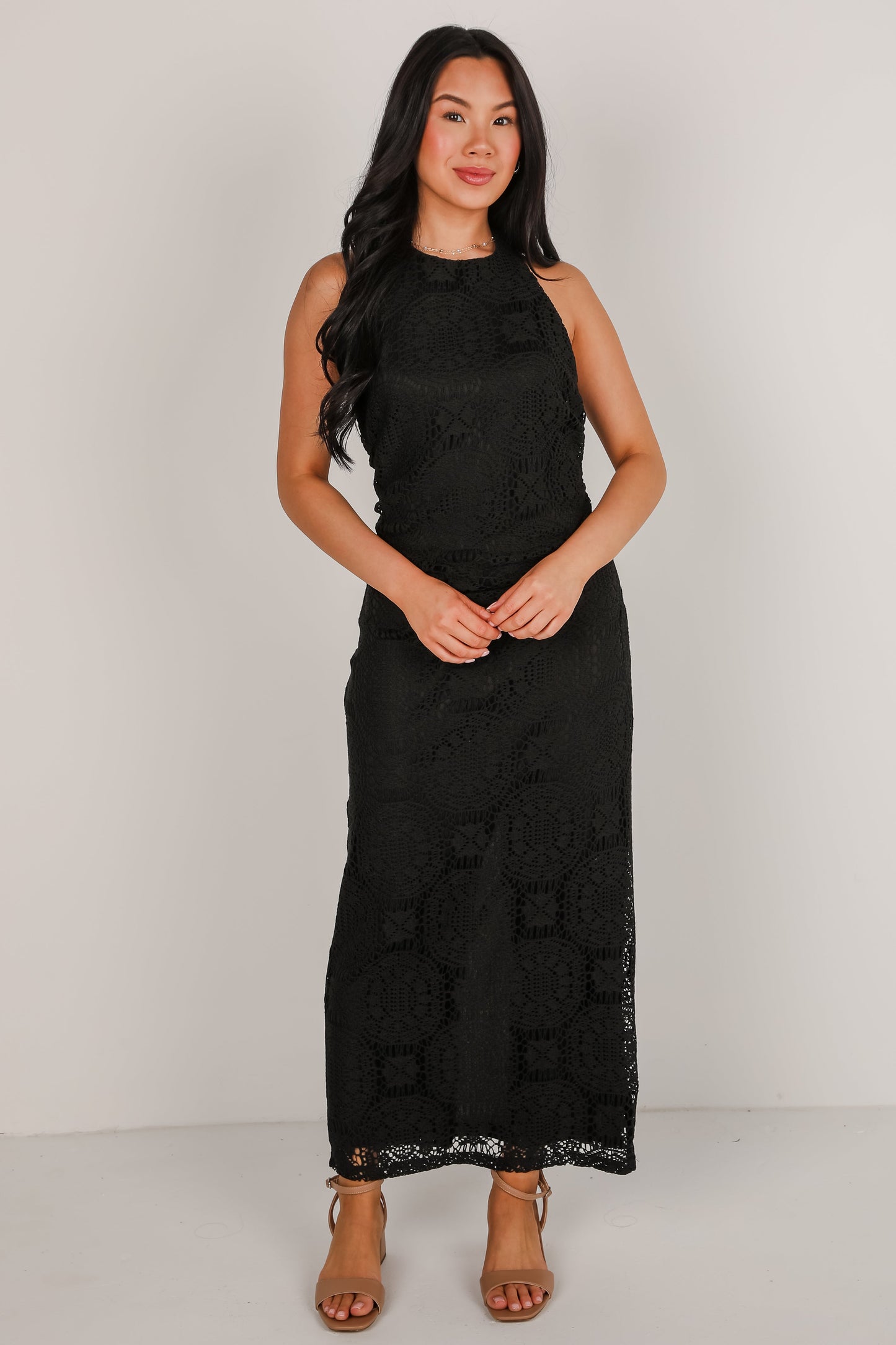 FINAL SALE - Off To The Coast Black Crochet Halter Maxi Dress