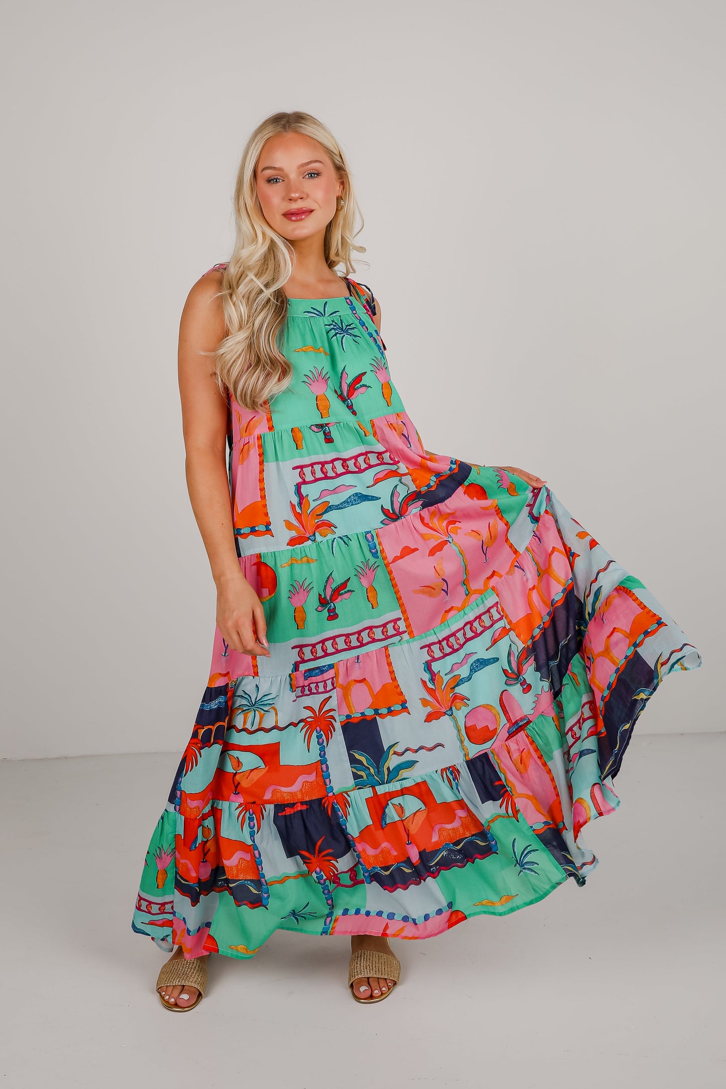 FINAL SALE - Sunset By The Sea Blue Tropical Tiered Maxi Dress
