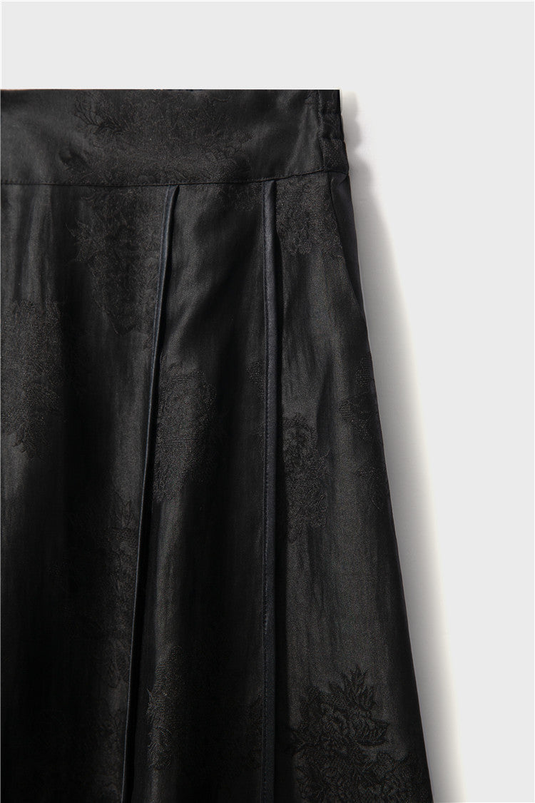 Mulberry silk shantung yarn jacquard elastic high waist wide swing skirt