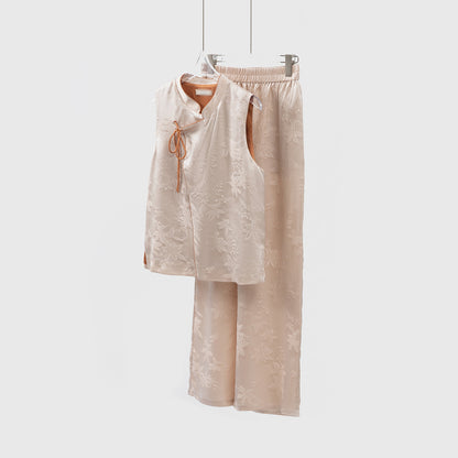 Silk Flower Crown Satin Stand Collar Suit Women 100% Silk Jacquard Vest Wide Leg Pants Two-piece Suit