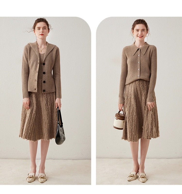 New cashmere women's knitted umbrella skirt mid-length tassel skirt