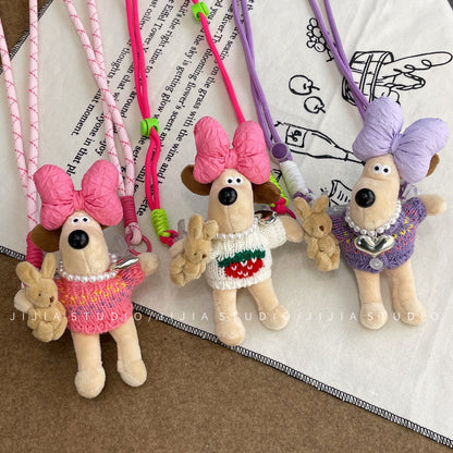 Cartoon cute girl head dog mobile phone back clip plush puppy diagonal pendant