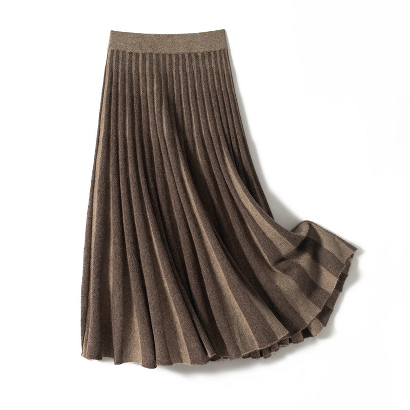 A-version pleated heavyweight thickened two-tone cashmere knitted skirt
