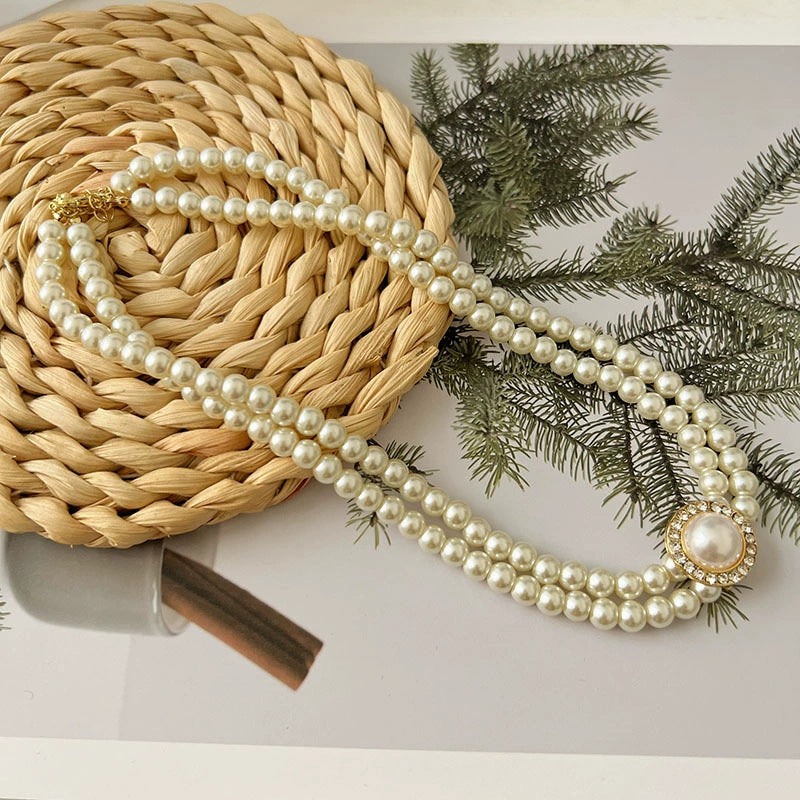 Double pearl necklace high imitation shell pearl color-preserving electroplating fashionable versatile necklace