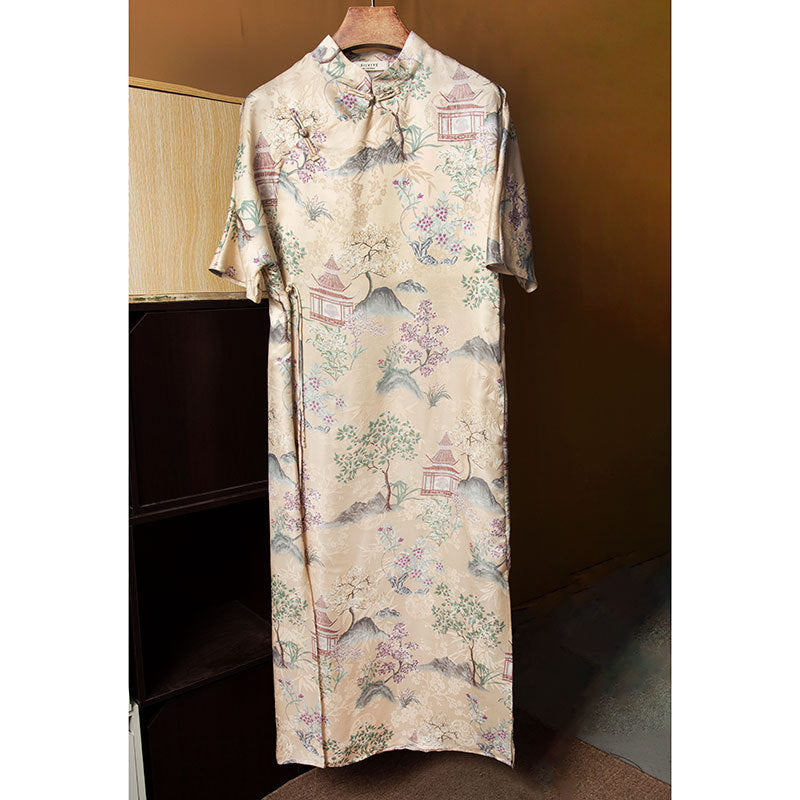 Chinese loose cheongsam dress for women Chinese style short sleeves buttoned stand collar mid-length dress