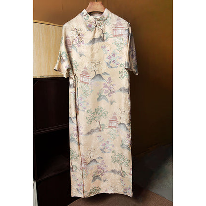 Chinese loose cheongsam dress for women Chinese style short sleeves buttoned stand collar mid-length dress