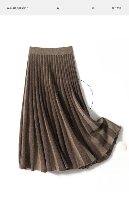 A-version pleated heavyweight thickened two-tone cashmere knitted skirt