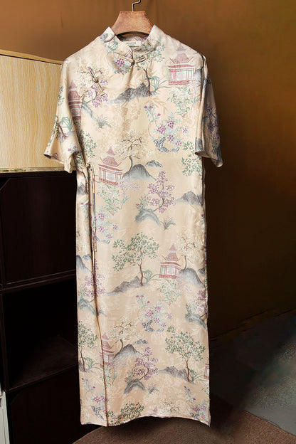 Chinese loose cheongsam dress for women Chinese style short sleeves buttoned stand collar mid-length dress