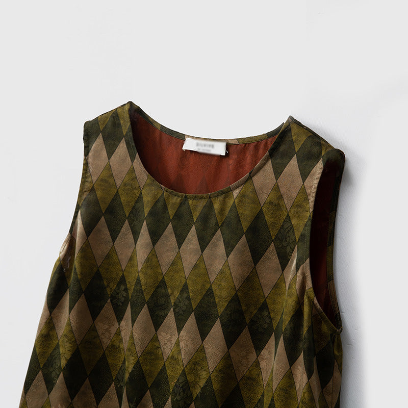 Silk Xiangyunsha round neck with pockets printed loose vest skirt for women new mulberry silk long vest skirt