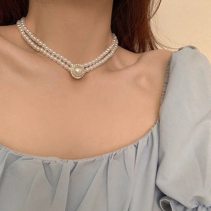 Double pearl necklace high imitation shell pearl color-preserving electroplating fashionable versatile necklace