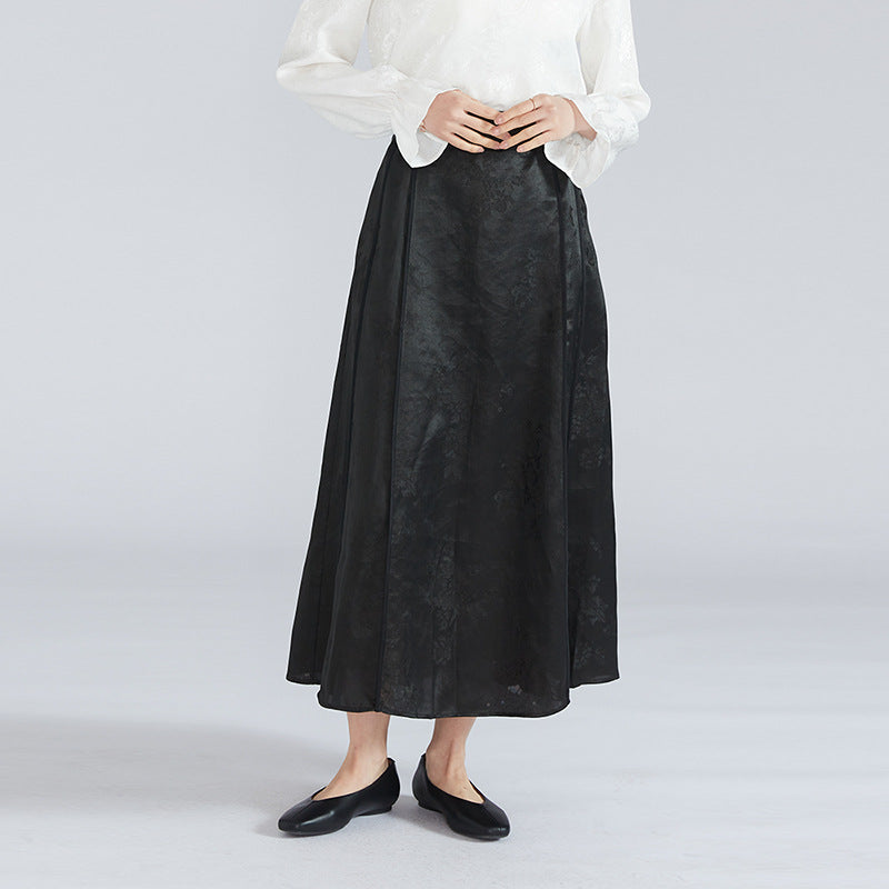 Mulberry silk shantung yarn jacquard elastic high waist wide swing skirt