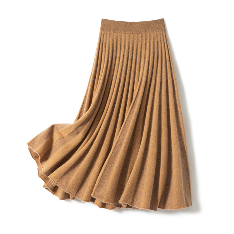 A-version pleated heavyweight thickened two-tone cashmere knitted skirt