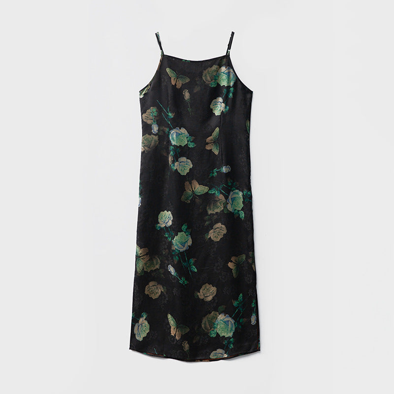 Mulberry silk side zipper bottoming suspender dress
