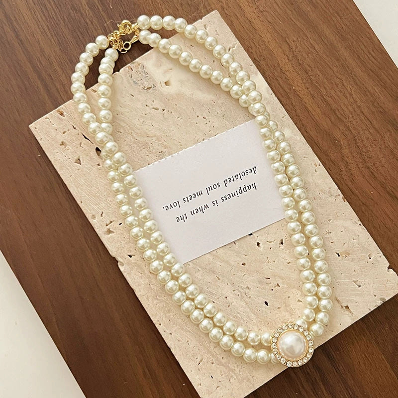 Double pearl necklace high imitation shell pearl color-preserving electroplating fashionable versatile necklace