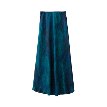 Silk flower Luo Xiangyun yarn skirt female deep sea blue fishtail skirt slim 100 mulberry silk dress skirt