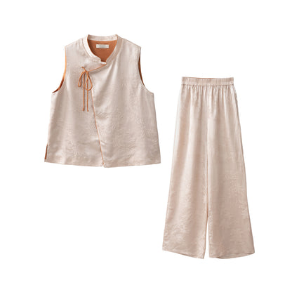 Silk Flower Crown Satin Stand Collar Suit Women 100% Silk Jacquard Vest Wide Leg Pants Two-piece Suit
