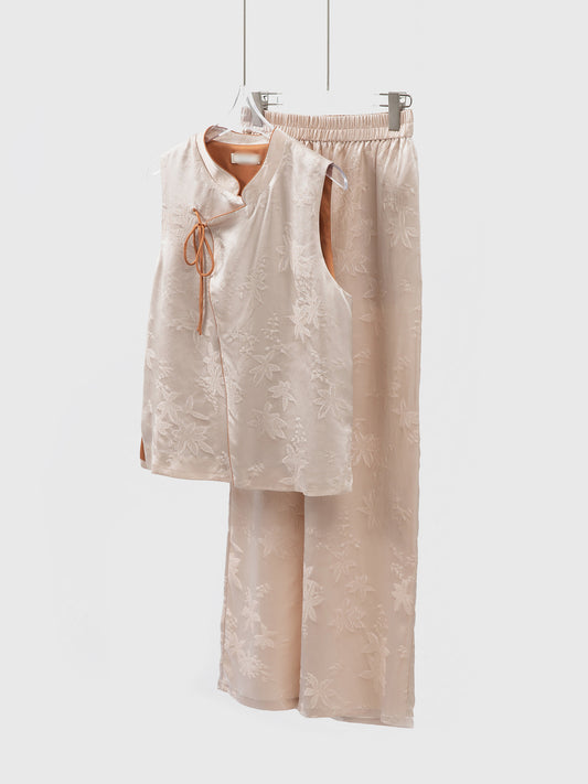 Silk Flower Crown Satin Stand Collar Suit Women 100% Silk Jacquard Vest Wide Leg Pants Two-piece Suit