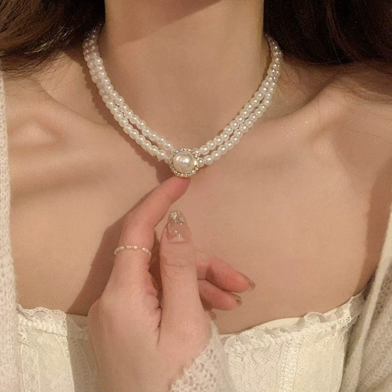 Double pearl necklace high imitation shell pearl color-preserving electroplating fashionable versatile necklace
