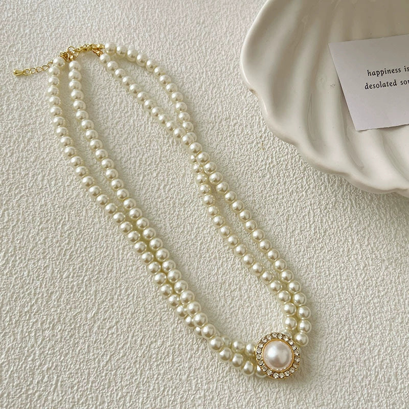 Double pearl necklace high imitation shell pearl color-preserving electroplating fashionable versatile necklace