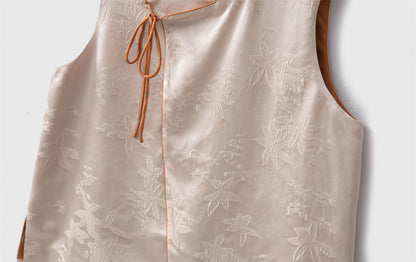 Silk Flower Crown Satin Stand Collar Suit Women 100% Silk Jacquard Vest Wide Leg Pants Two-piece Suit