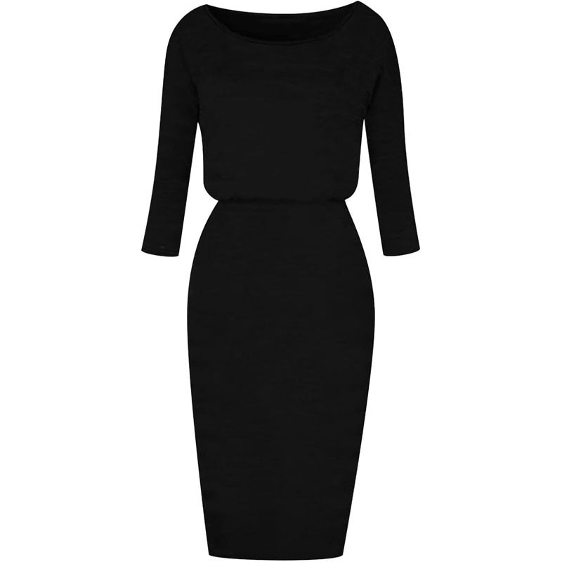 Women Casual Long Sleeve Dress Summer Autumn Midi Dress Ruched Striped Round Neck Pencil Dress High Waist Slim Fit Pencil Dress Shirt Dress