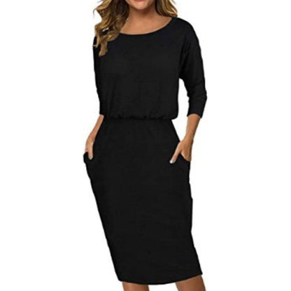 Women Casual Long Sleeve Dress Summer Autumn Midi Dress Ruched Striped Round Neck Pencil Dress High Waist Slim Fit Pencil Dress Shirt Dress