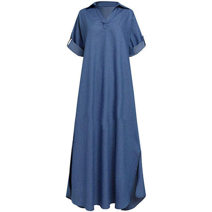 Maxi Dresses for Women UK Summer Casual Loose Long Dress Sale Clearance Women Solid Denim Dress V-Neck Roll Sleeve Button Loose Long Dress
