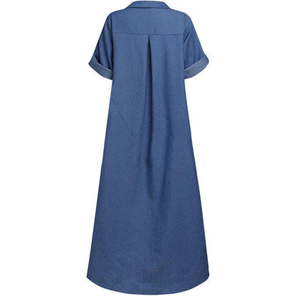 Maxi Dresses for Women UK Summer Casual Loose Long Dress Sale Clearance Women Solid Denim Dress V-Neck Roll Sleeve Button Loose Long Dress
