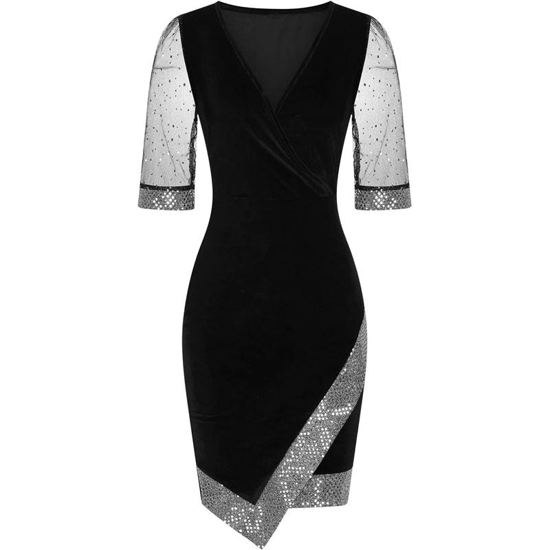 Women Dress Sale Clearance Casual V-Neck Irregular Sequin Mesh Half Sleeve Dress Evening Dresses UK Ladies Dress Party Elegant Beach Dress Club Cocktail Work Dresses Evening Gowns