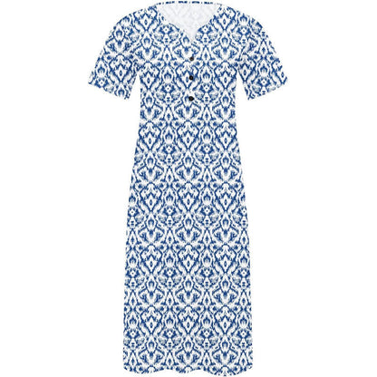 Women Dress Sale Clearance Summer Spring V-Neck Printing Pocket Buttons Casual Loose Mid-Calf Dress UK Ladies Dress