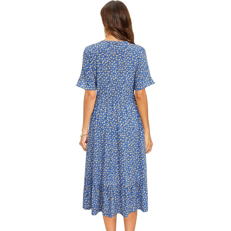 Women 2024 Summer Dress Floral Short Sleeve Ladies Casual Swing Midi Dress with Pockets