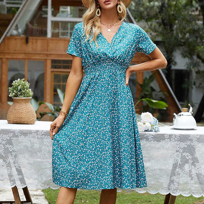 Women Dresses Sale Ladies Summer Casual Short Sleeve V-Neck Floral Dresses Slim Dress UK Size Evening Gowns Work Maxi Dress Party Elegant