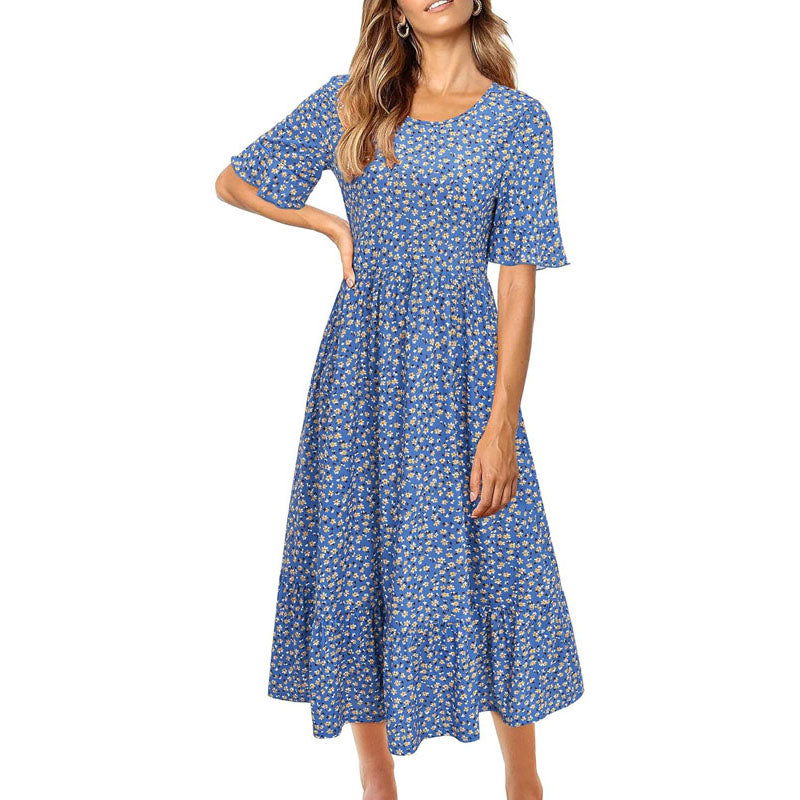 Women 2024 Summer Dress Floral Short Sleeve Ladies Casual Swing Midi Dress with Pockets