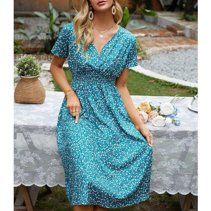 Women Dresses Sale Ladies Summer Casual Short Sleeve V-Neck Floral Dresses Slim Dress UK Size Evening Gowns Work Maxi Dress Party Elegant