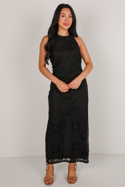 FINAL SALE - Off To The Coast Black Crochet Halter Maxi Dress