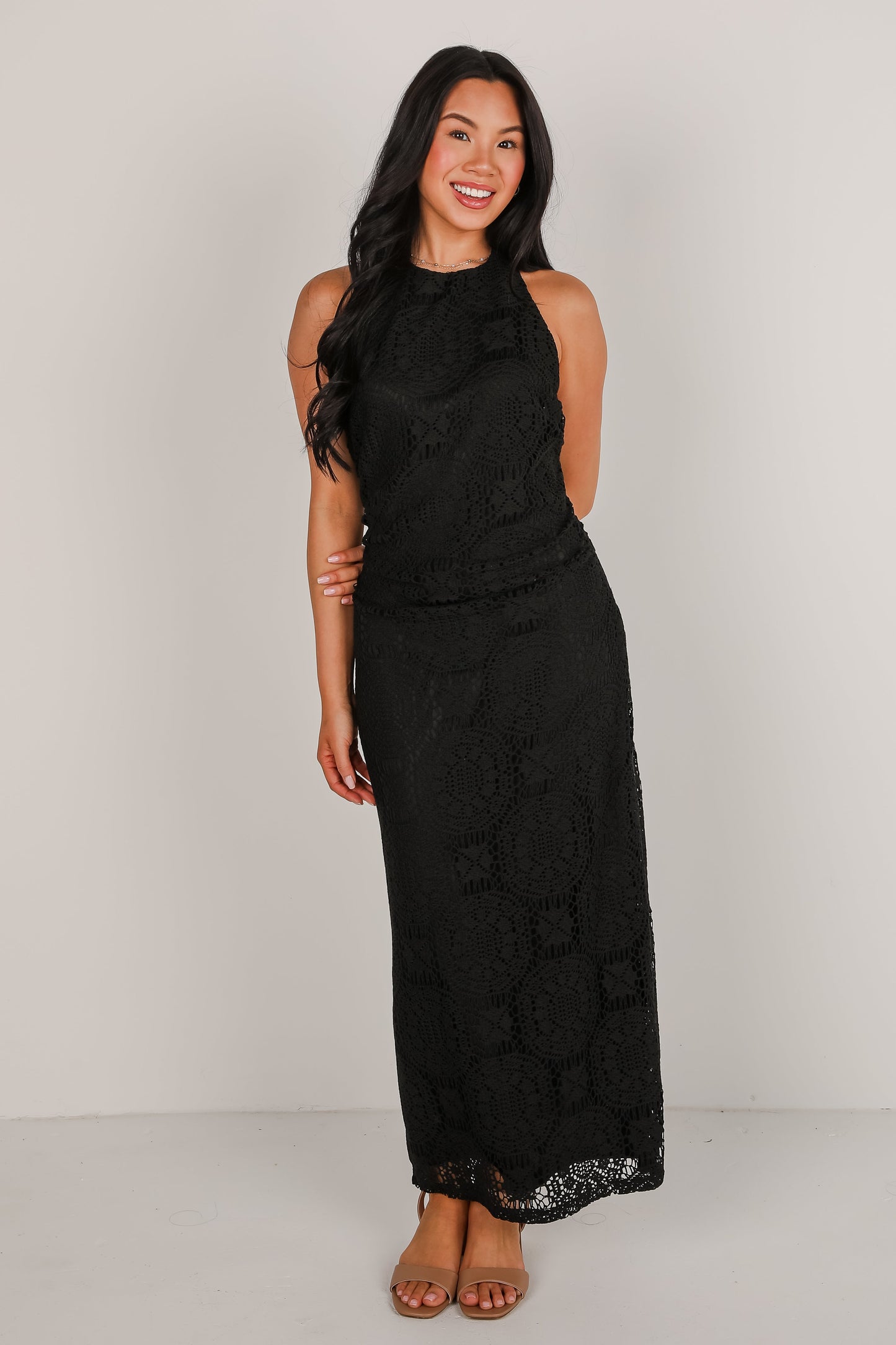 FINAL SALE - Off To The Coast Black Crochet Halter Maxi Dress